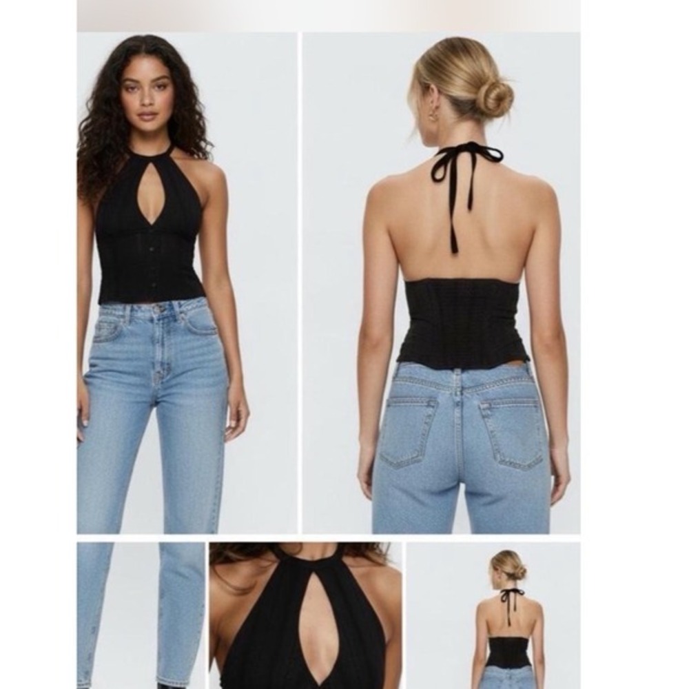 Princess Polly Call You Up Black Keyhole Backless Halter Crop Top US 2